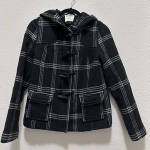 Old Navy Women's Black Plaid Wool Blend Hooded Toggle Zip Coat